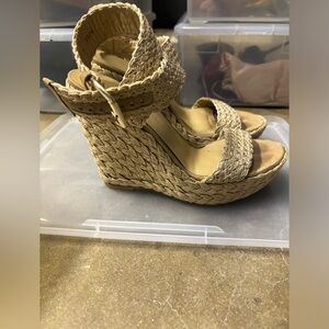 Stuart Weitzman gold criss cross strap wedge